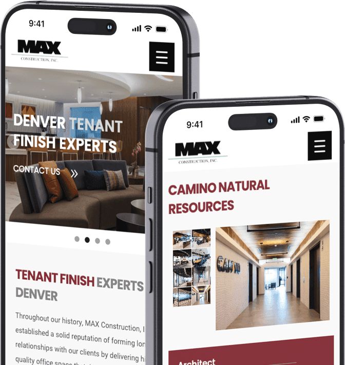 Two mobile devices displaying the website of Max Construction Inc., a Denver-based contractor