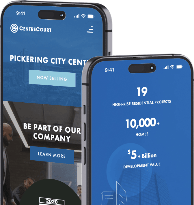 Two mobile devices displaying the responsive website of Centre Court, a leading real estate developer