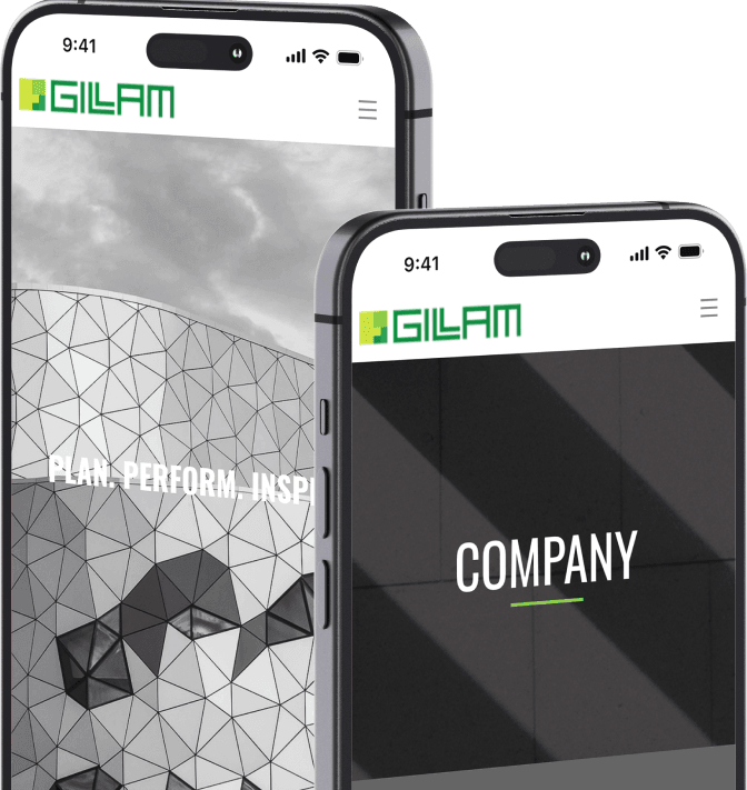 Two mobile devices featuring the website of Gillam Group, a construction management and general contracting firm