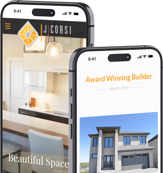 Two mobile devices showcasing the website of J. Corsi Developments, a construction company