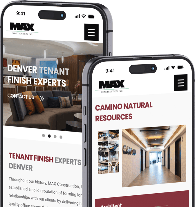Two mobile devices displaying the website of Max Construction Inc., a Denver-based contractor