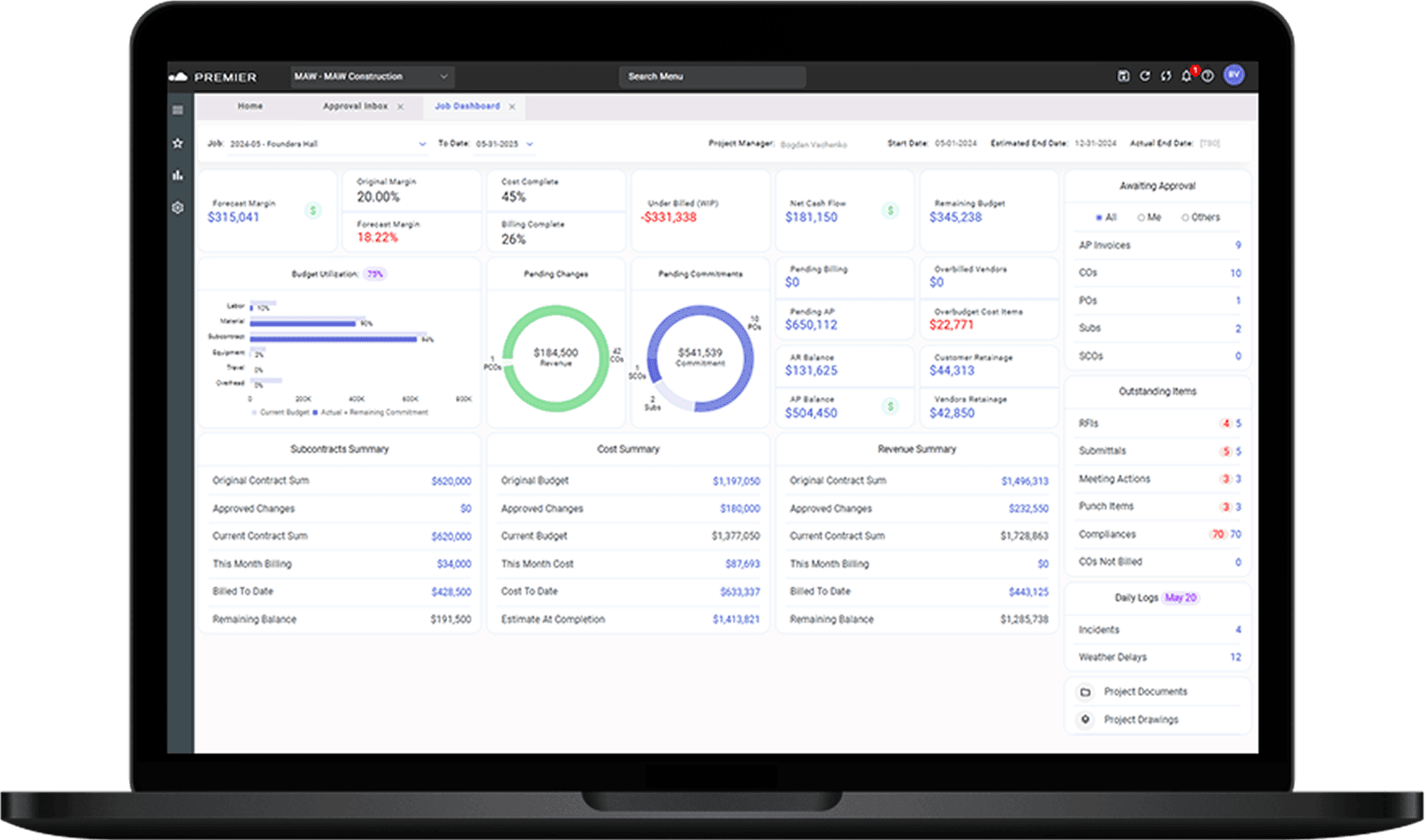 Laptop displaying a a demo of the software developed by Premier Construction Software, showcasing its features and user-friendly design.